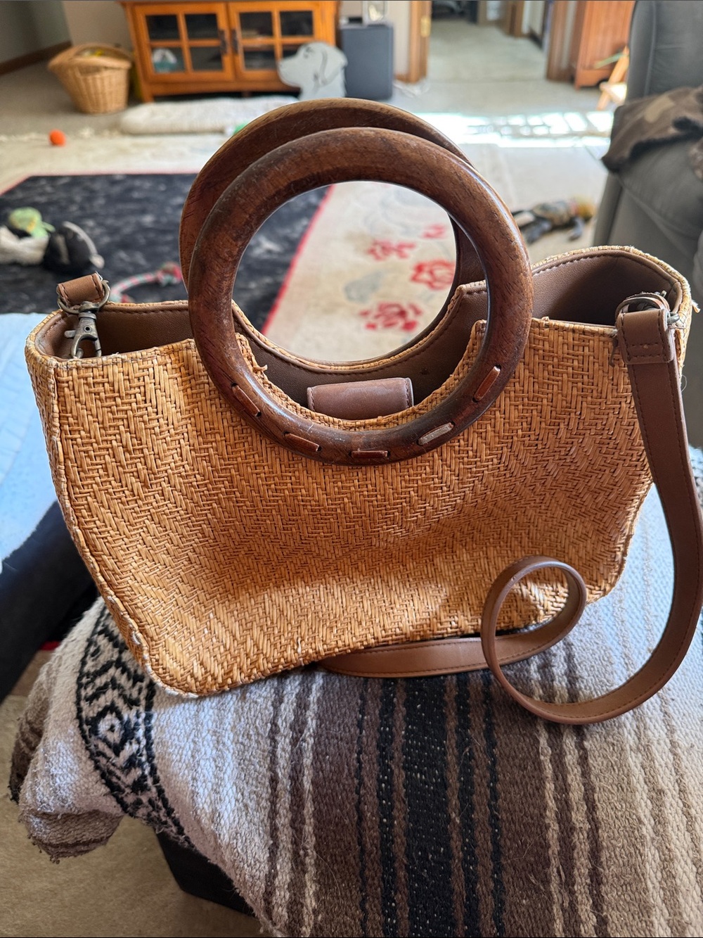 Fossil Woven Straw Tote with Wooden Ring Handles - Brown